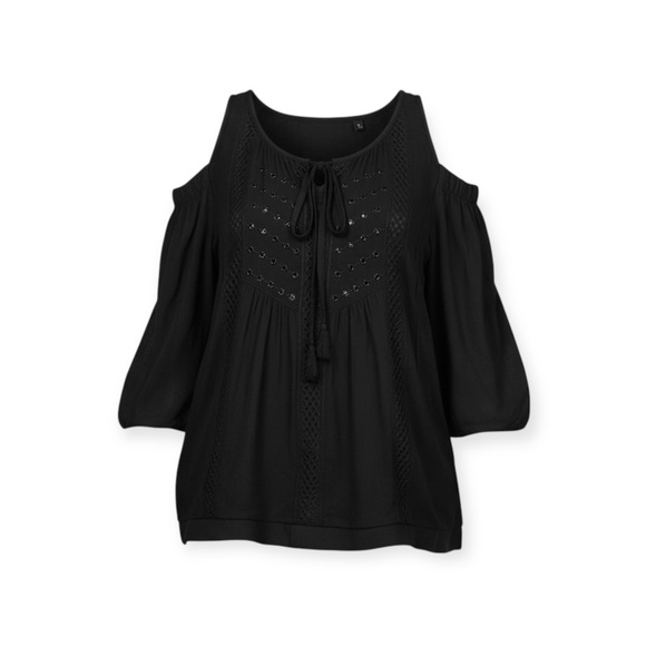 new Hale Bob 𖣔 Shaina Silk Cold Shoulder Cut Out Top 𖣔 Black XS 𖣔 - Picture 5 of 14